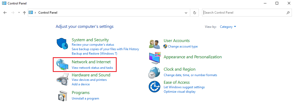 network and internet from control panel